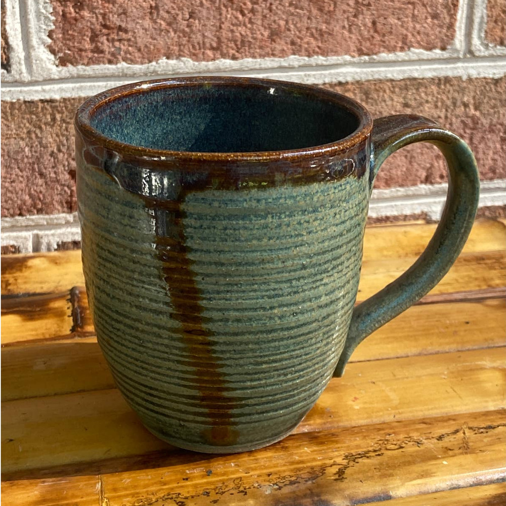 Studio Art Pottery Mug Hand-Thrown Marked RTC Green Brown Drip Glaze Stoneware